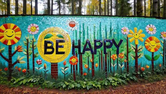 "BE HAPPY" as mosaic on a wall, abandoned factory in the forest, as streetart