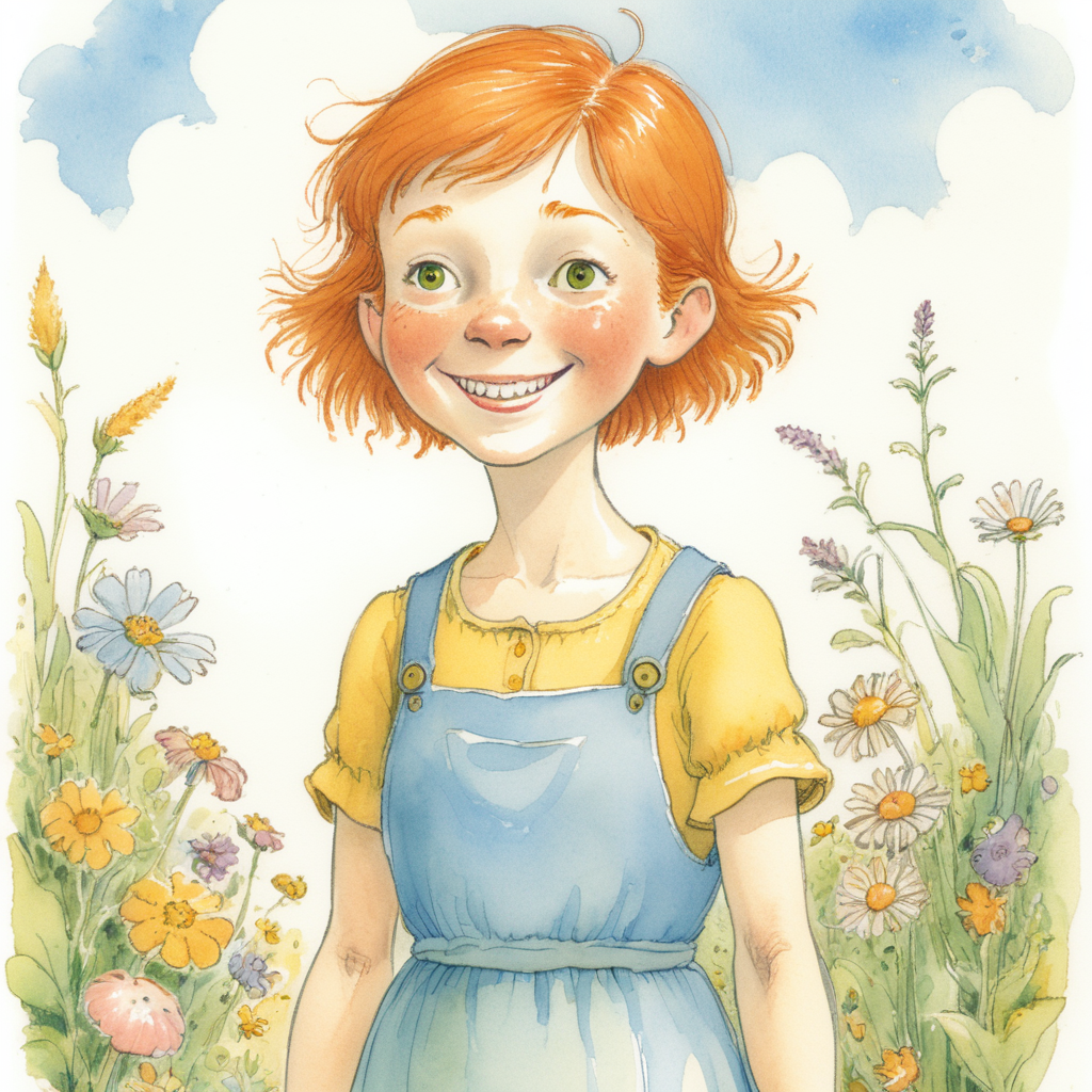 Jill, a young girl with short ginger hair, pale skin, and a joyful demeanor