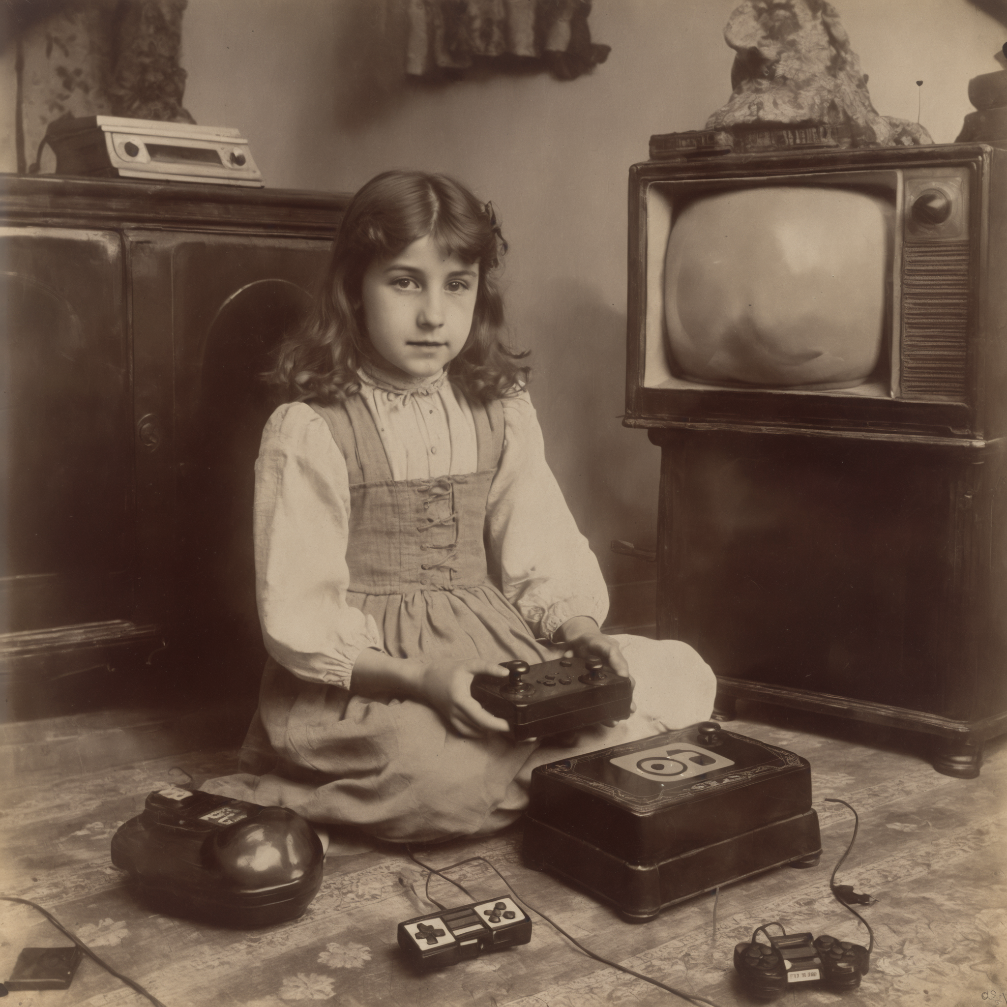 historical antique photograph of a girl sitting on the floor, holding a game controller, playing a retro game on a commodore 64 game console and a television, by Eugène Atget