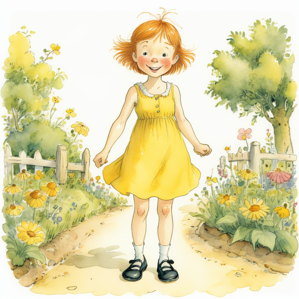 Jill, a young girl with short ginger hair, pale skin, and a joyful demeanor, wearing a yellow sundress and black Mary Janes