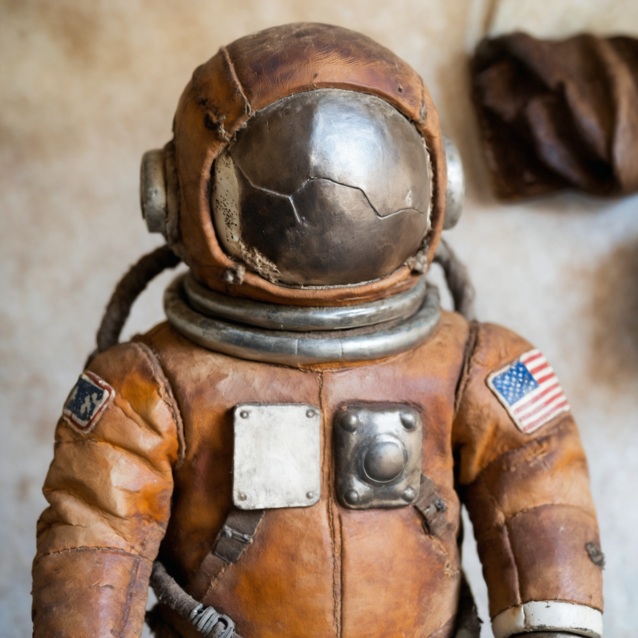 a used leather astronaut, made of scuffed leather, worn look, weathered appearance, stained