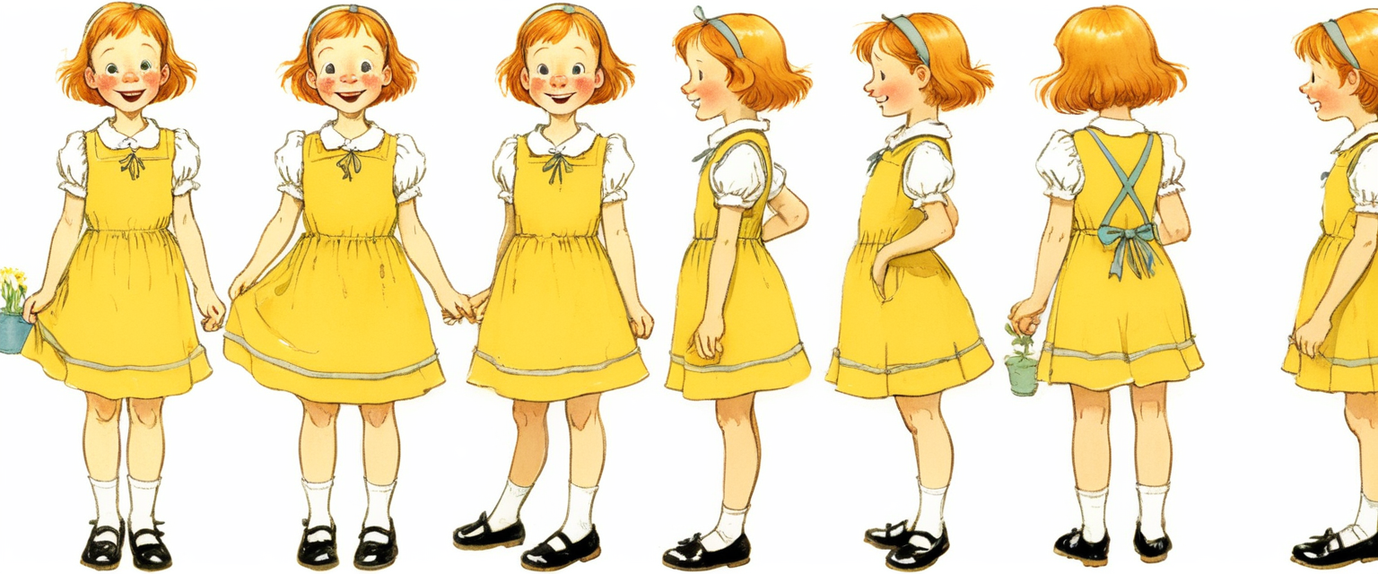 Jill, a young girl with short ginger hair and a petite build, pale skin, and a joyful demeanor, wearing a yellow sundress and black Mary Janes, (character sheet, multiple views, character turnaround, white background:1.2)