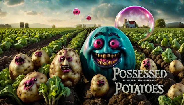 Horror movie poster for "Possessed Potatoes" of a hyper realistic a (bubble:1.4) potato with bloody fangs and multiple smaller potatoes growing in the field