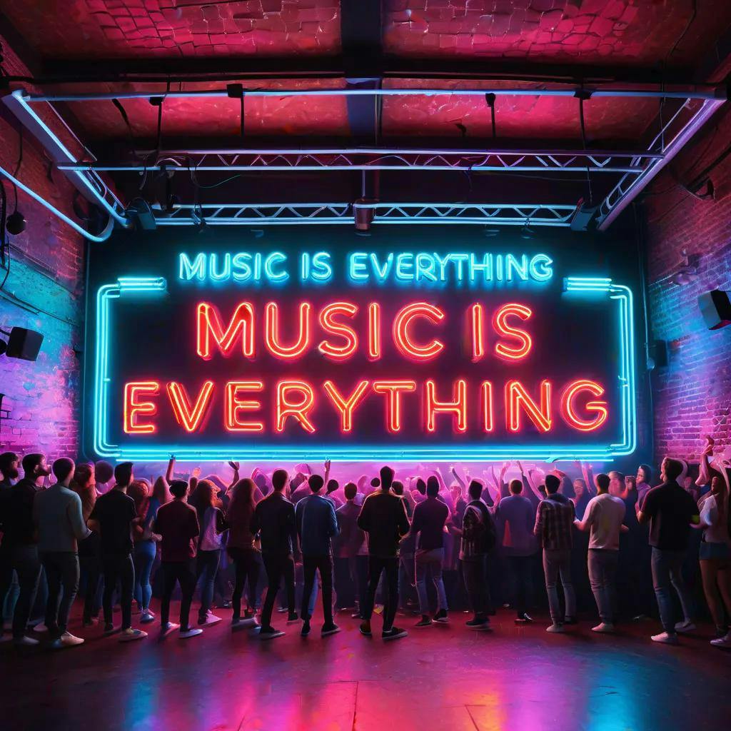 Neon sign that reads "MUSIC IS EVERYTHING", underground club, huge crowd dancing, photo from the back of the room, photorealistic