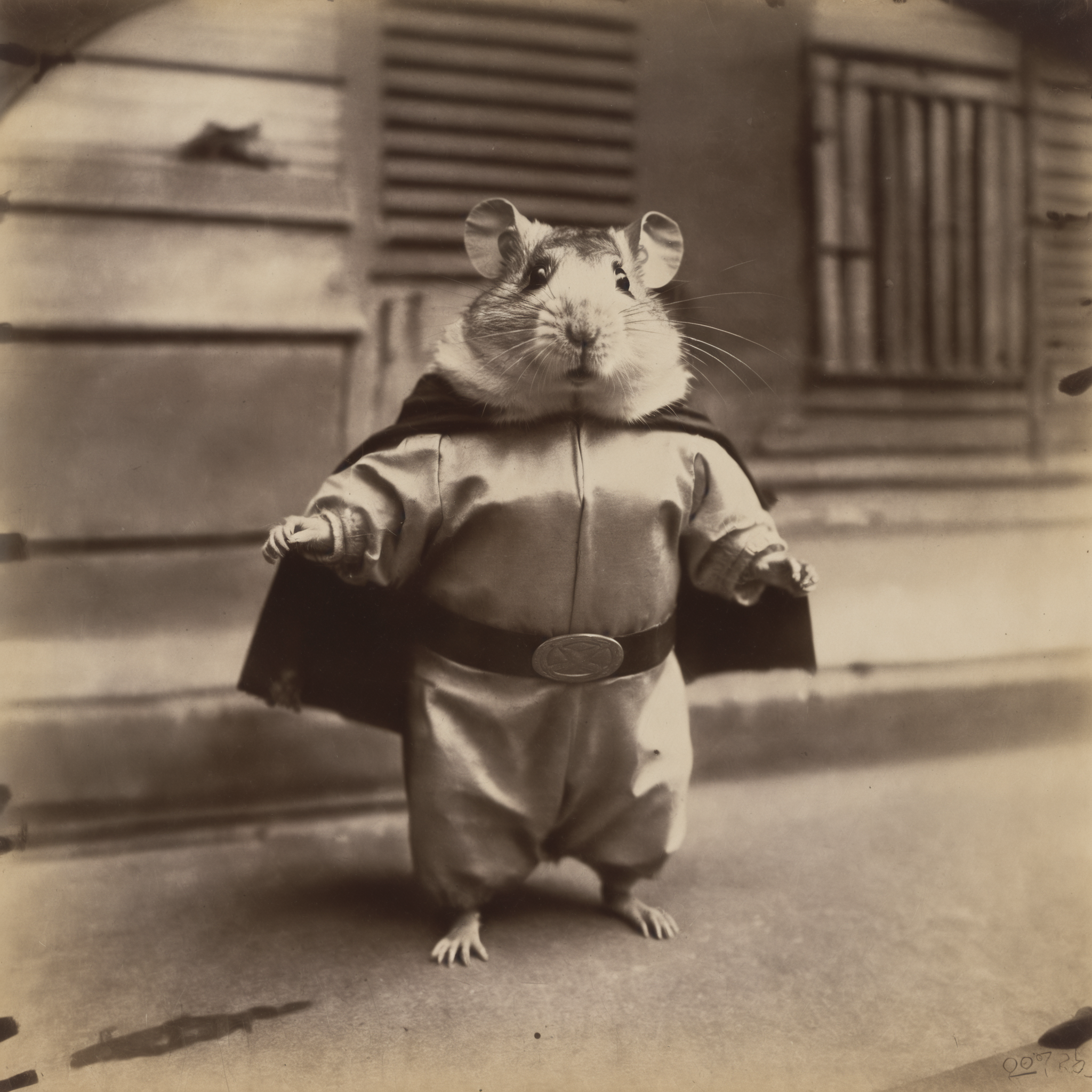 a historical antique photograph of a hamster in a superhero costume, by Eugène Atget